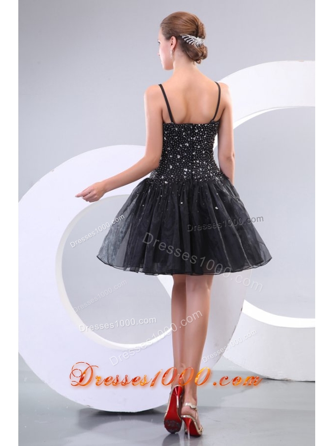 Black Straps Beading Organza Mini Length A Line Prom Dress