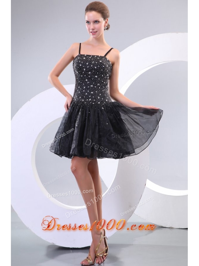 Black Straps Beading Organza Mini Length A Line Prom Dress