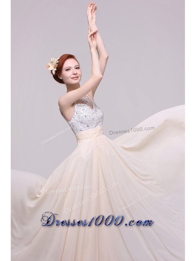 Spaghetti Straps A-line Champagne Prom Dress with Sequin Bust