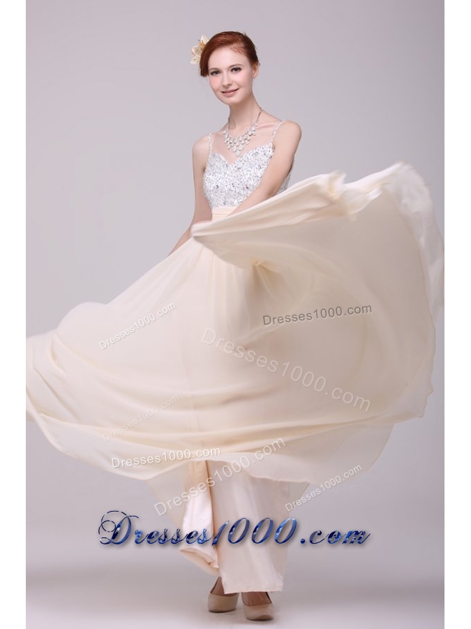 Spaghetti Straps A-line Champagne Prom Dress with Sequin Bust