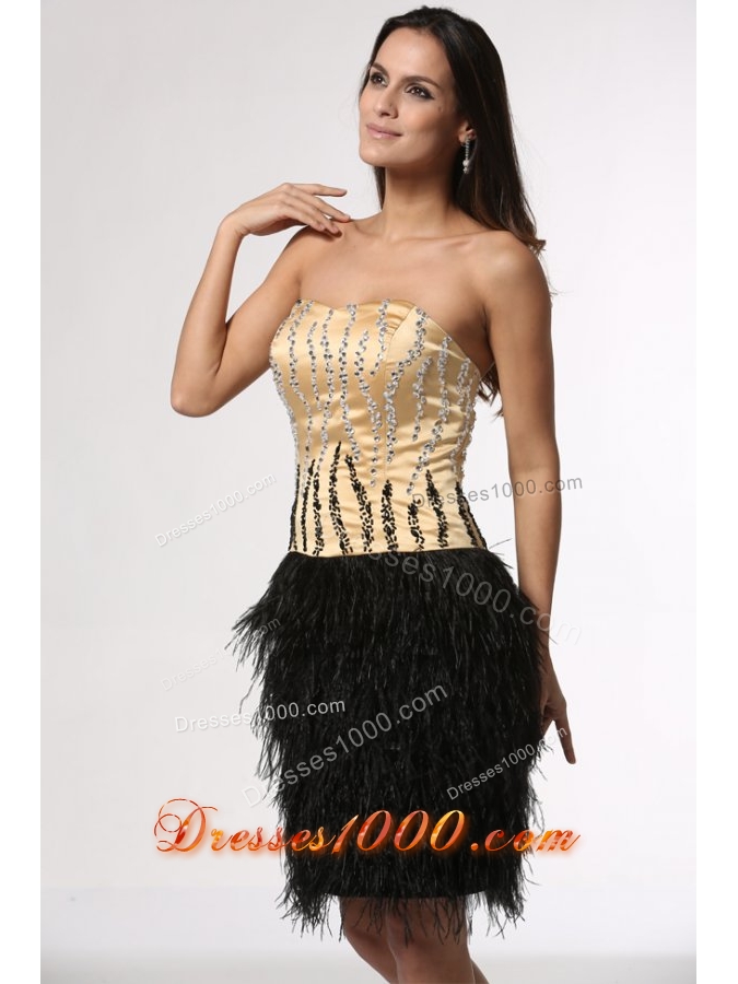 Champagne Beaded Bodice Black Feather Prom Party Dresses