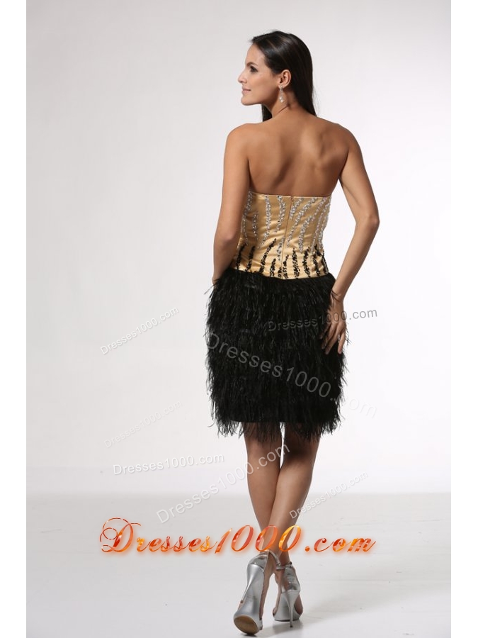 Champagne Beaded Bodice Black Feather Prom Party Dresses