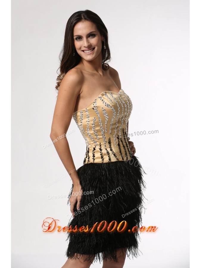 Champagne Beaded Bodice Black Feather Prom Party Dresses