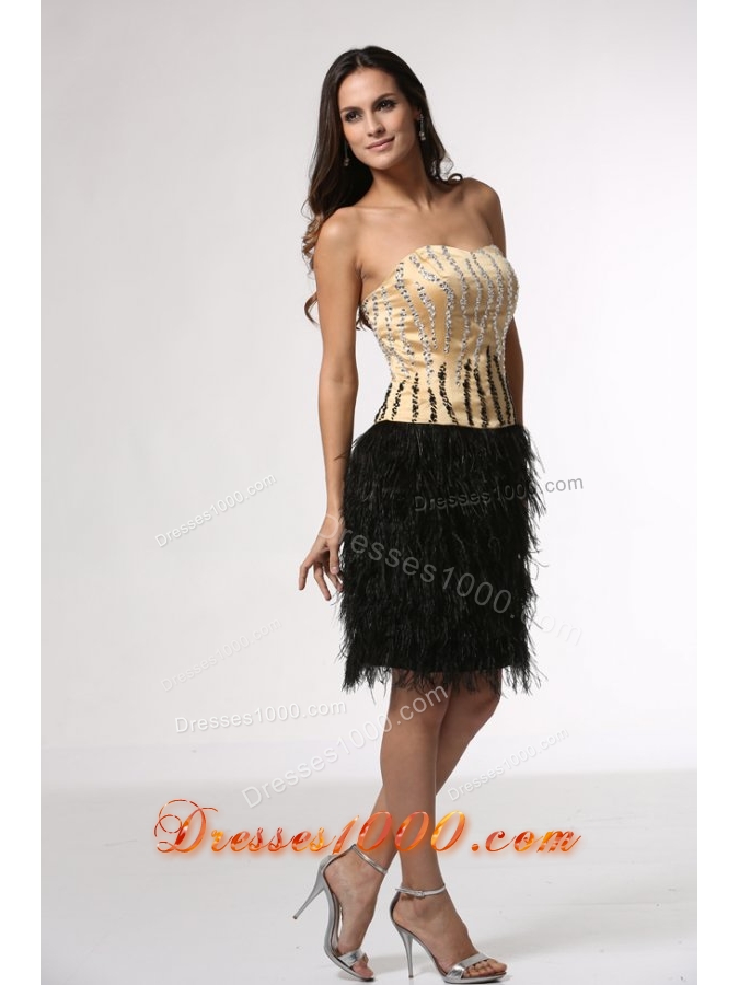 Champagne Beaded Bodice Black Feather Prom Party Dresses