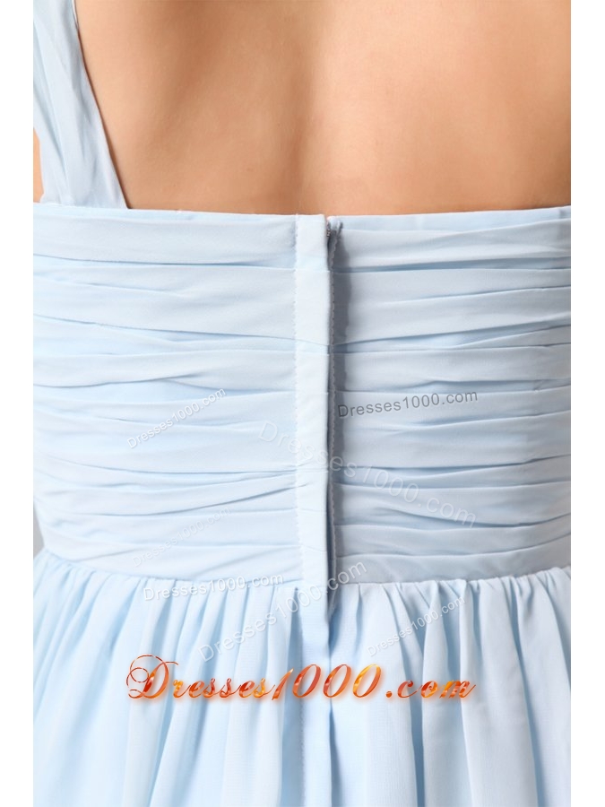 Short One Shoulder Ruche Chiffon Prom Dresses in Light Blue