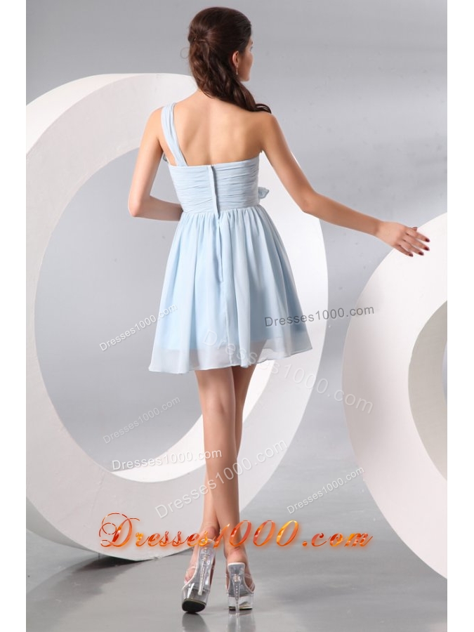 Short One Shoulder Ruche Chiffon Prom Dresses in Light Blue