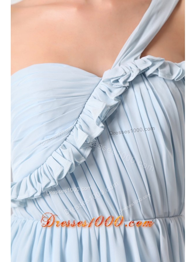 Short One Shoulder Ruche Chiffon Prom Dresses in Light Blue