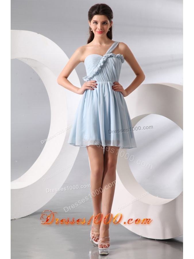 Short One Shoulder Ruche Chiffon Prom Dresses in Light Blue