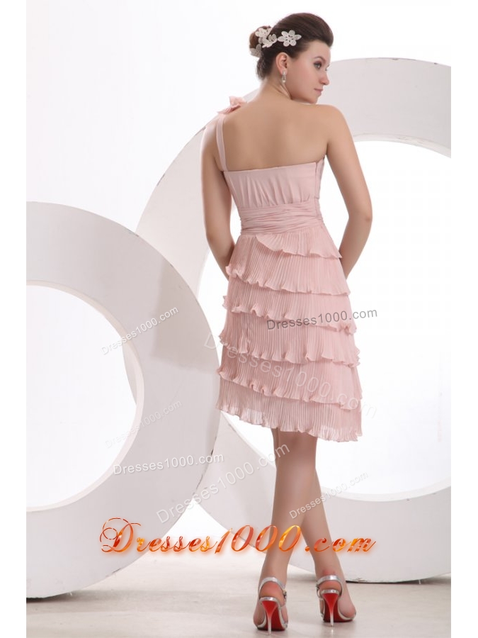 Pink One Shoulder Layers Prom Dress with Hand Made Flower