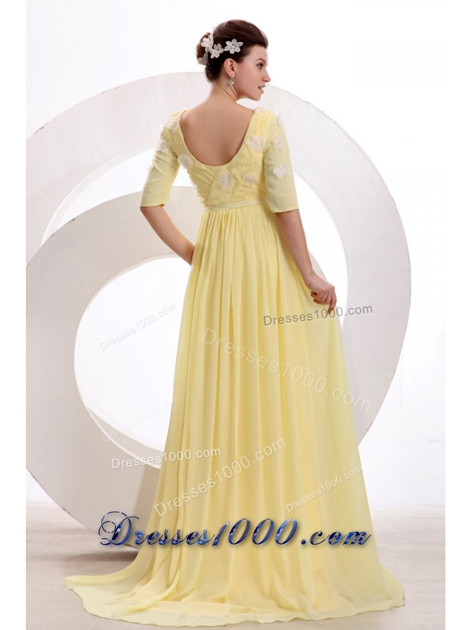 Bateau Neck Half Sleeves Yellow Brush Train JS Prom Dresses