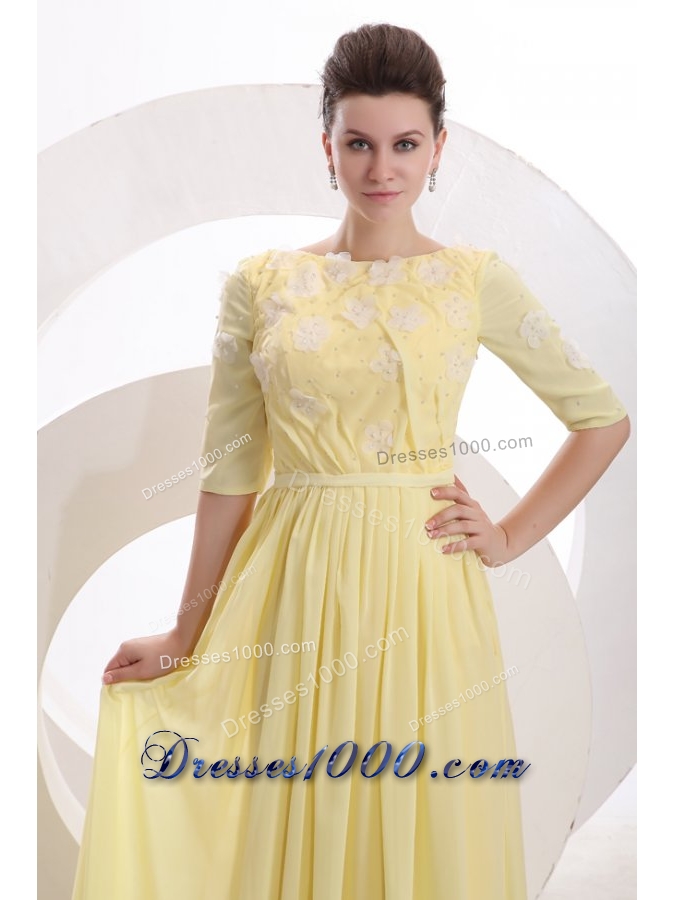 Bateau Neck Half Sleeves Yellow Brush Train JS Prom Dresses