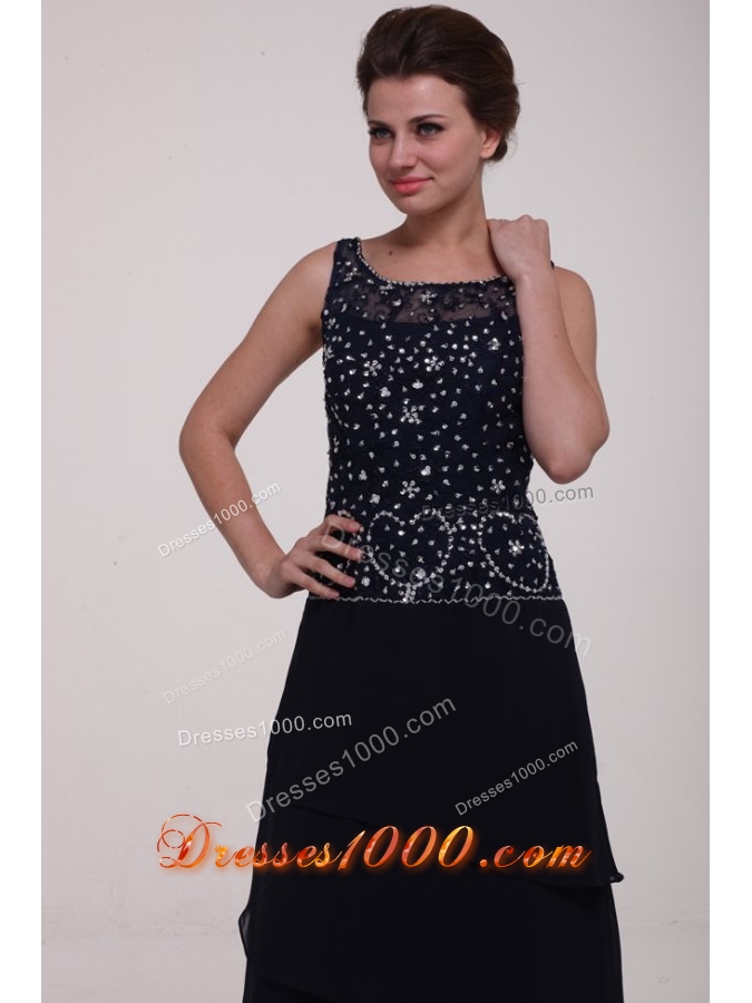 Scoop Neck Beading Layers Navy Blue Long Dress for JS Prom