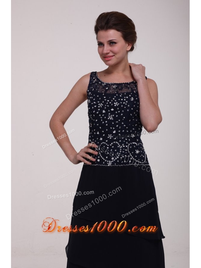 Scoop Neck Beading Layers Navy Blue Long Dress for JS Prom