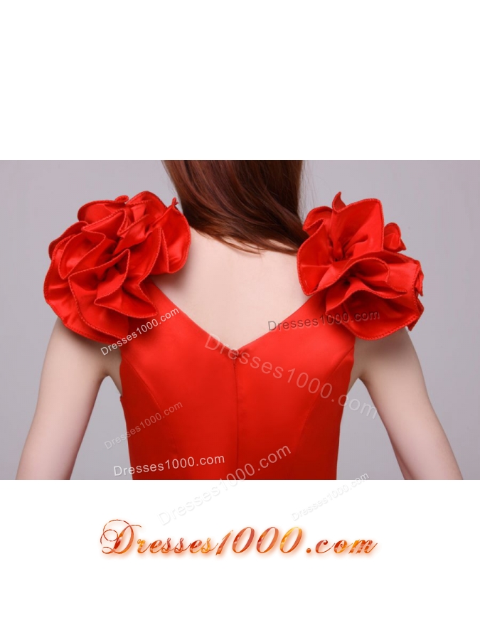 Cute Red Short Sheath V-neck Prom Gown with Handle Flowers
