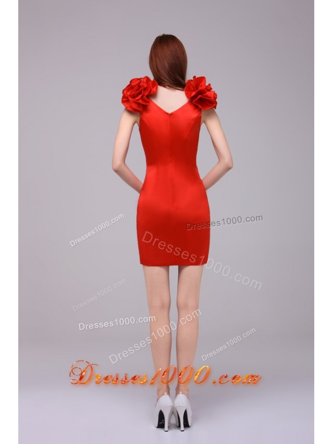 Cute Red Short Sheath V-neck Prom Gown with Handle Flowers