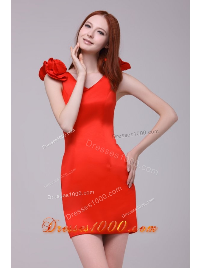 Cute Red Short Sheath V-neck Prom Gown with Handle Flowers