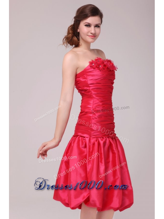 Flowers Strapless Ruched Red Taffeta Dresses for Prom Night