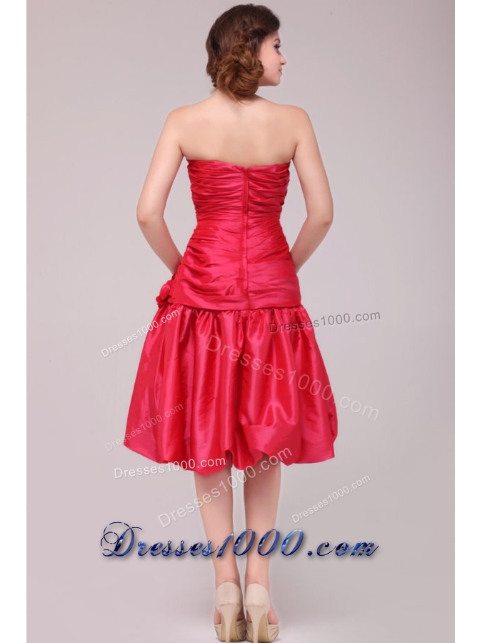Flowers Strapless Ruched Red Taffeta Dresses for Prom Night