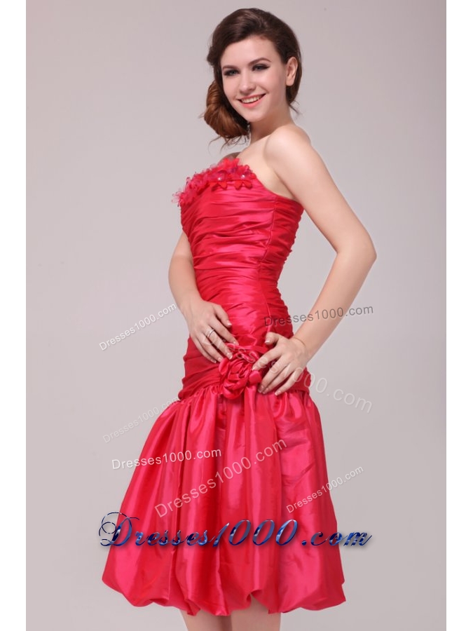 Flowers Strapless Ruched Red Taffeta Dresses for Prom Night