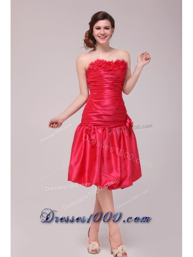 Flowers Strapless Ruched Red Taffeta Dresses for Prom Night