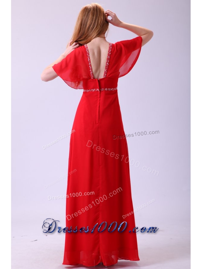 Fan Sleeves V-neck Red Chiffon Prom Celebrity Dress with Beading