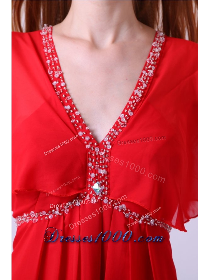 Fan Sleeves V-neck Red Chiffon Prom Celebrity Dress with Beading