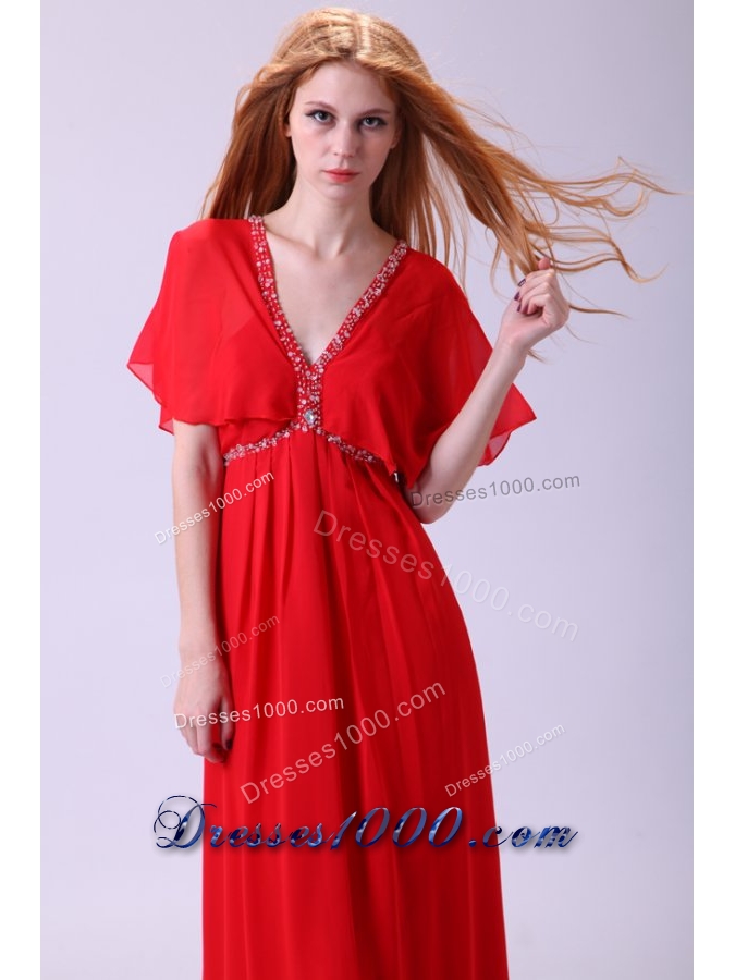 Fan Sleeves V-neck Red Chiffon Prom Celebrity Dress with Beading