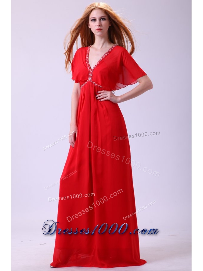 Fan Sleeves V-neck Red Chiffon Prom Celebrity Dress with Beading