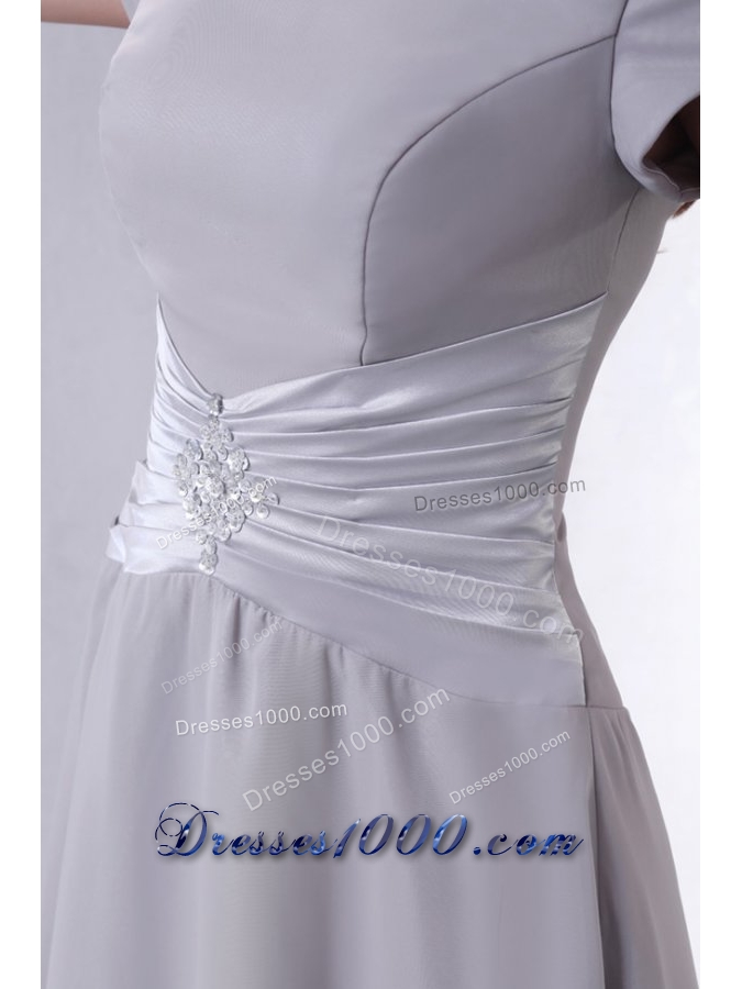 Short Sleeves Scoop Ankle-length Gray Chiffon Prom Gown Dress