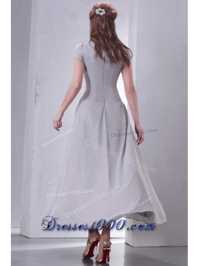 Short Sleeves Scoop Ankle-length Gray Chiffon Prom Gown Dress