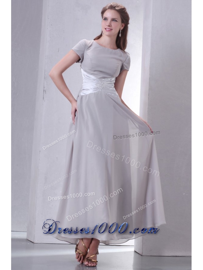 Short Sleeves Scoop Ankle-length Gray Chiffon Prom Gown Dress