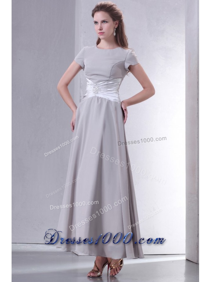 Short Sleeves Scoop Ankle-length Gray Chiffon Prom Gown Dress