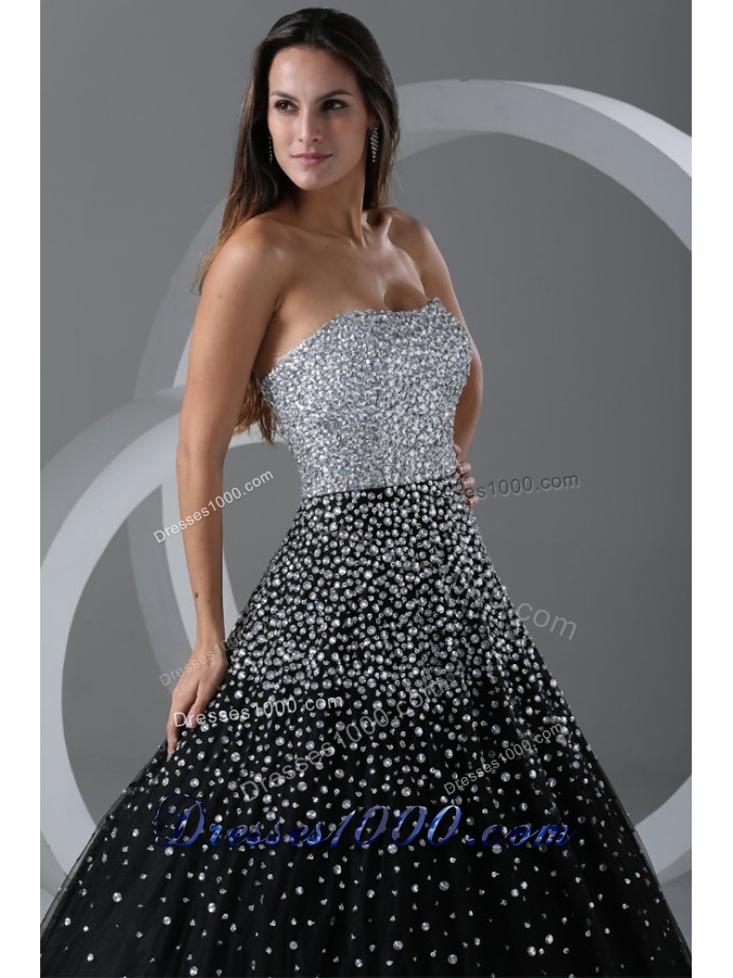 Black and Silver Puffy Organza Prom Cocktail Dress with Paillettes