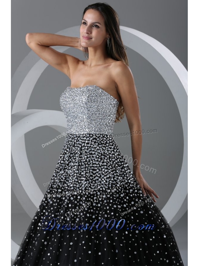 Black and Silver Puffy Organza Prom Cocktail Dress with Paillettes