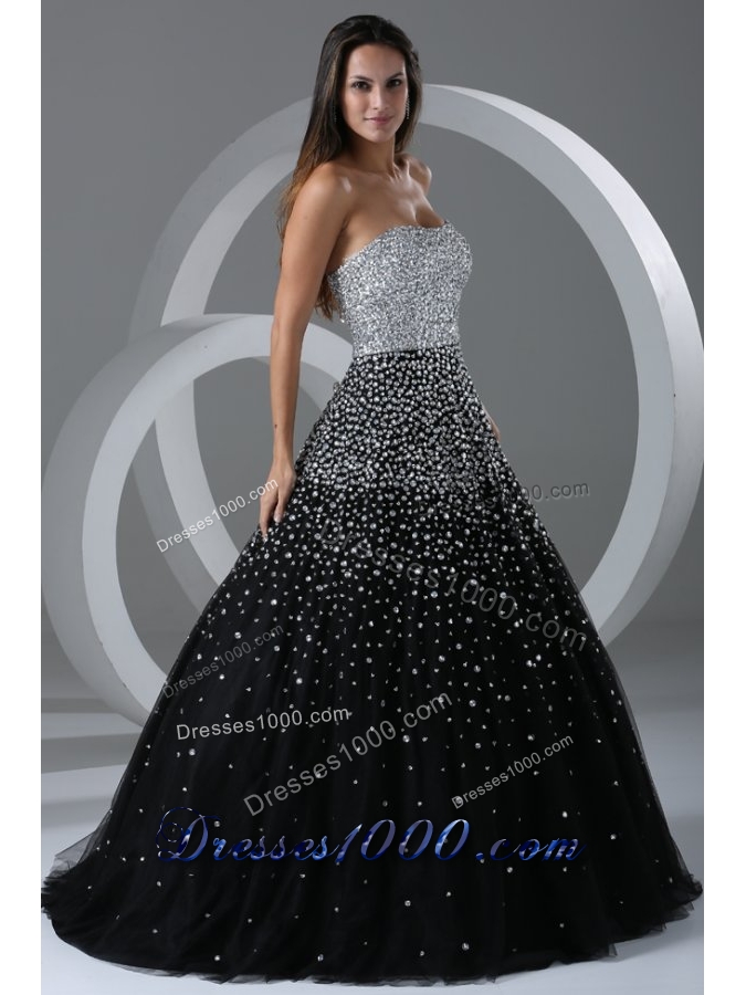 Black and Silver Puffy Organza Prom Cocktail Dress with Paillettes