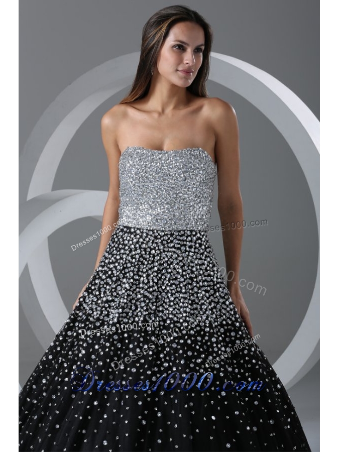 Black and Silver Puffy Organza Prom Cocktail Dress with Paillettes