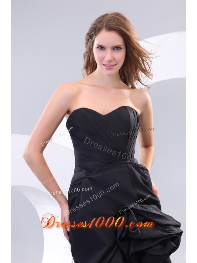 Ruching and Pick Ups High Slit Black Taffeta Prom Gown Dresses