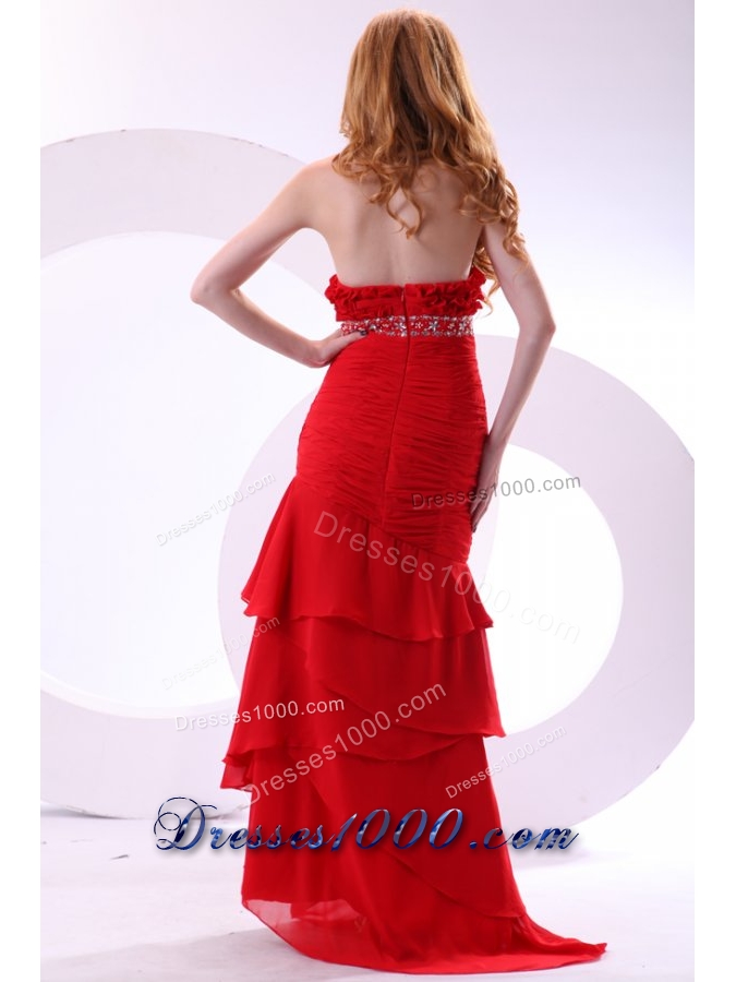 Beading Ruffles and Ruching Layers Red Chiffon Prom Gown Dress