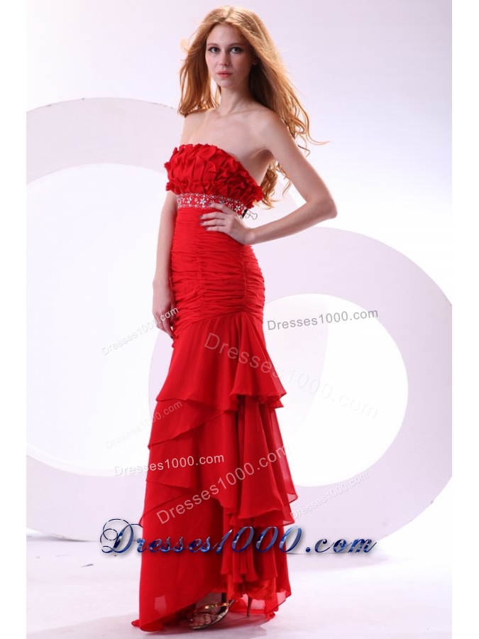 Beading Ruffles and Ruching Layers Red Chiffon Prom Gown Dress
