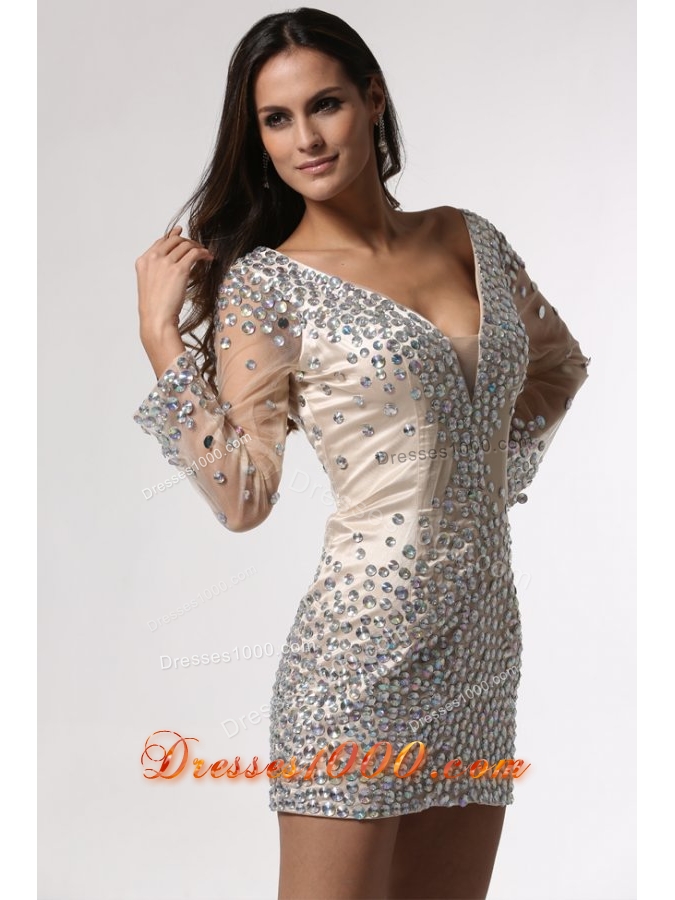 Deep V-neck Long Sheer Sleeves Mini-length Prom Party Dresses