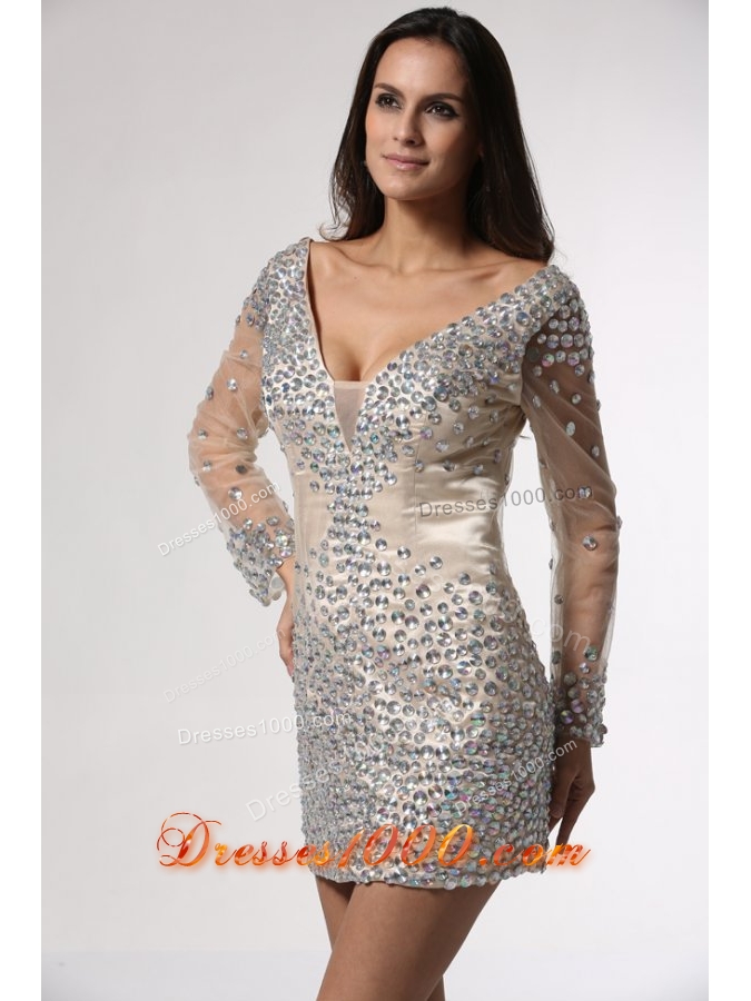 Deep V-neck Long Sheer Sleeves Mini-length Prom Party Dresses