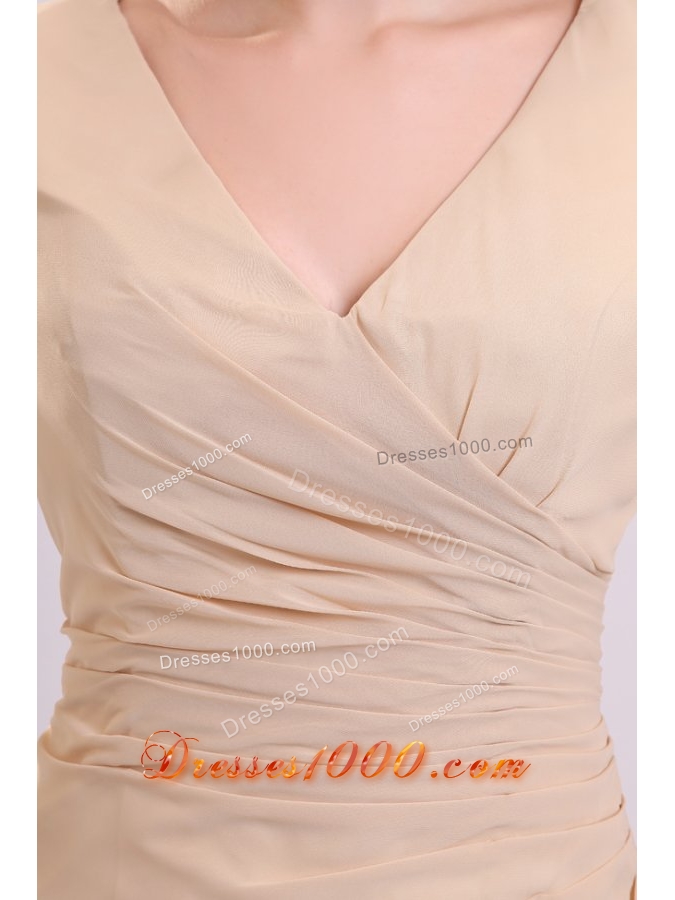 Half Sleeves V-neck A-line Champagne Chiffon Prom Formal Dress