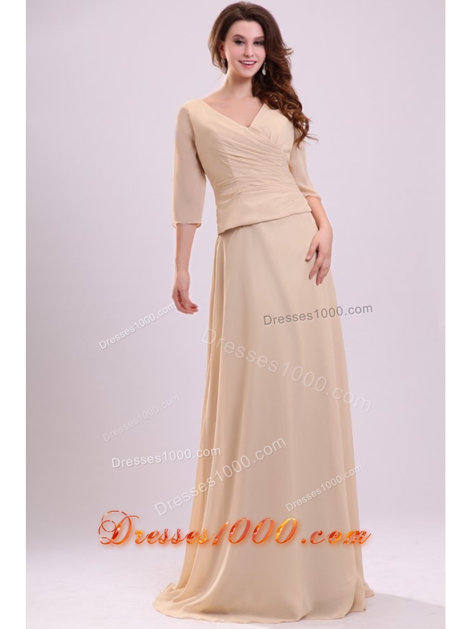 Half Sleeves V-neck A-line Champagne Chiffon Prom Formal Dress