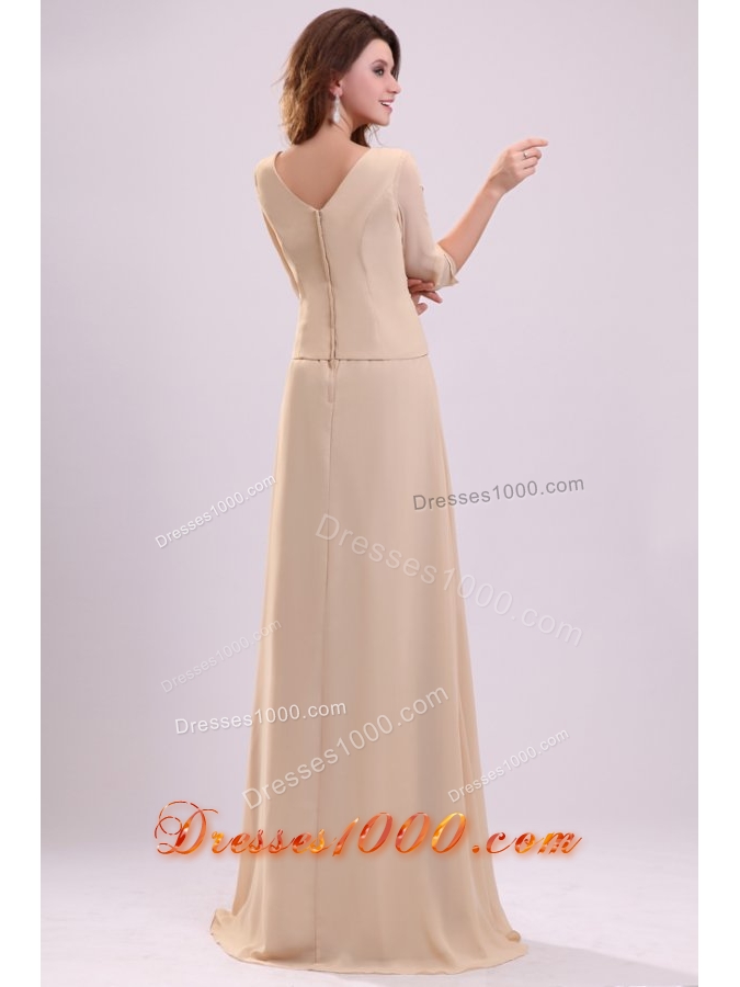 Half Sleeves V-neck A-line Champagne Chiffon Prom Formal Dress