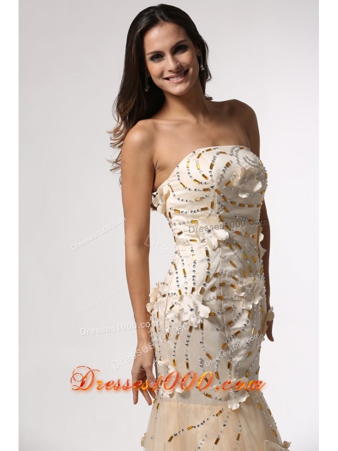 Champagne Column Prom Gown Dress with Floral Embellishment