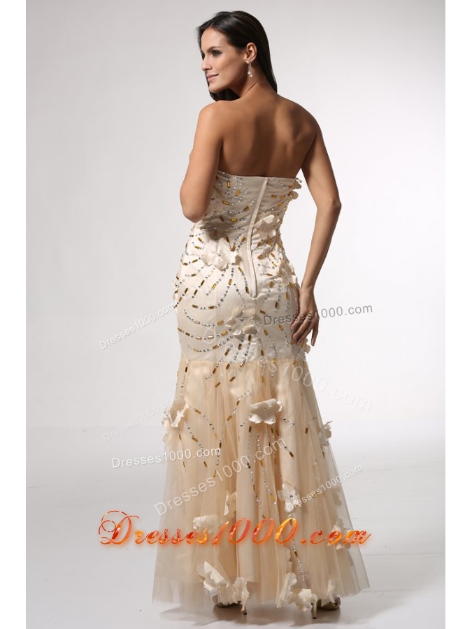Champagne Column Prom Gown Dress with Floral Embellishment