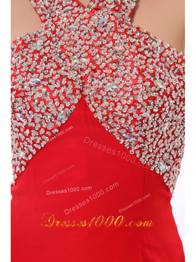 Paillettes Decorated High Slit Red Taffeta Prom Dress for Women