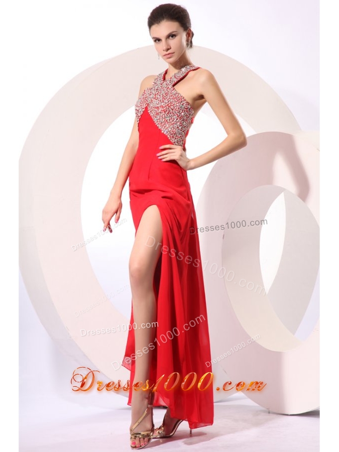 Paillettes Decorated High Slit Red Taffeta Prom Dress for Women