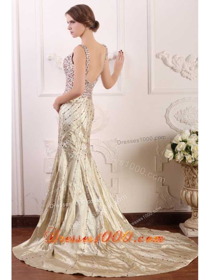 Diamonds Decorated Straps Trumpet Court Train Prom Dresses