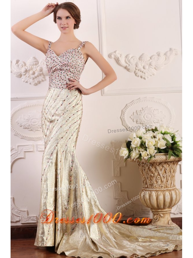 Diamonds Decorated Straps Trumpet Court Train Prom Dresses
